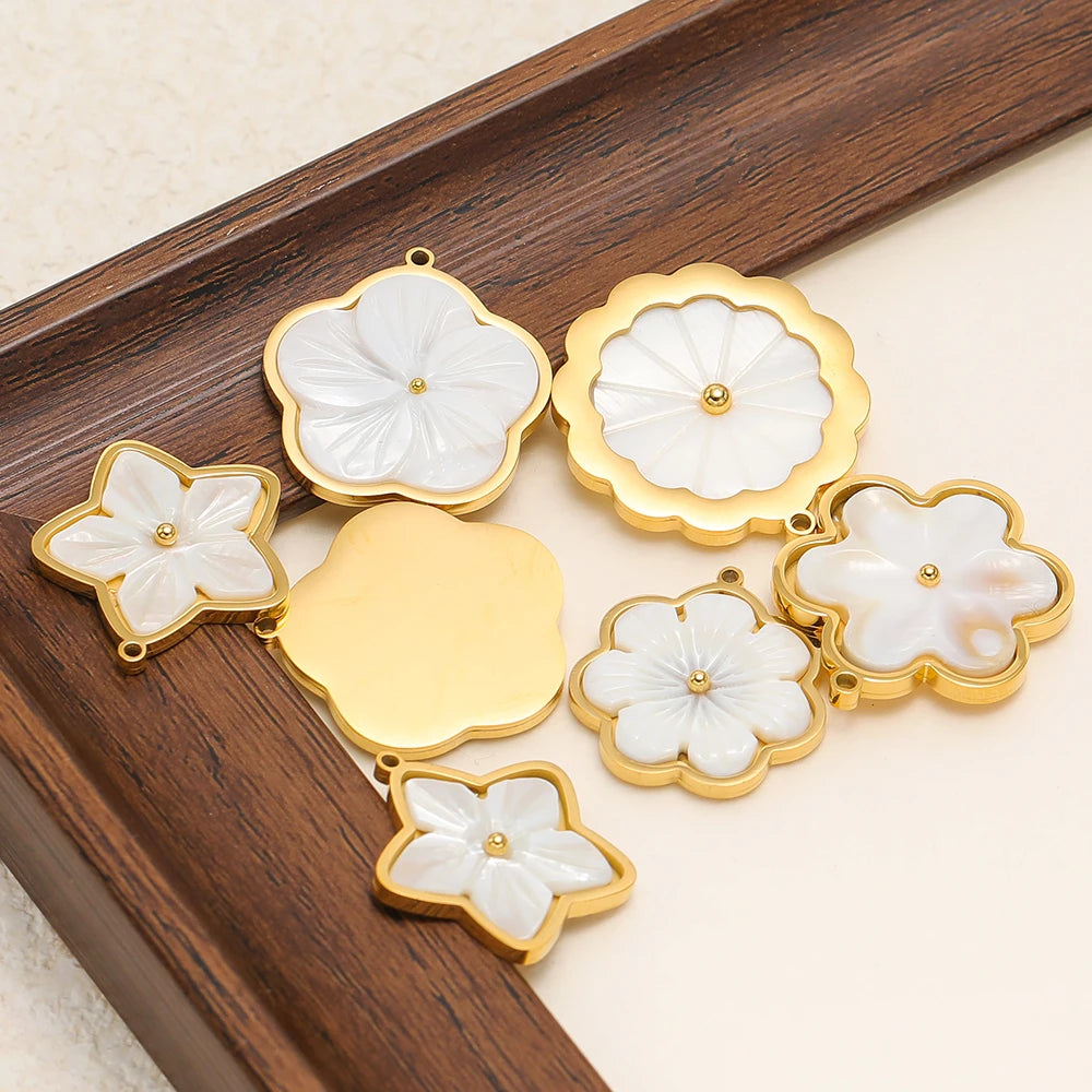 3pcs Stainless Steel Flowers Flat White Shell Charms for DIY Women Jewelry Necklace Findings Earrings Pendant Making Sup