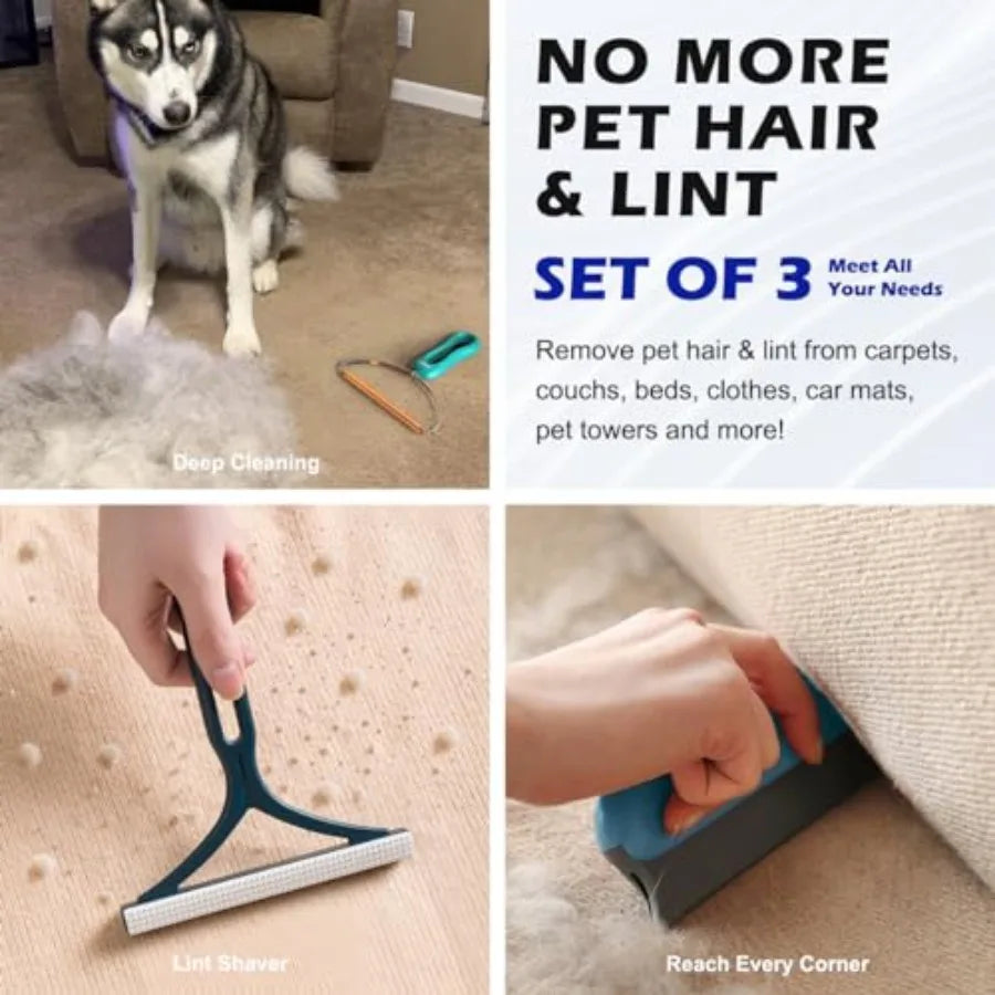 Pet Hair Remover 3-Pack, Dog Cat Hair Remover, Lint Shaver Cleaner Pro, Fur Removal Tool, Portable Carpet Scraper, Fuzz 