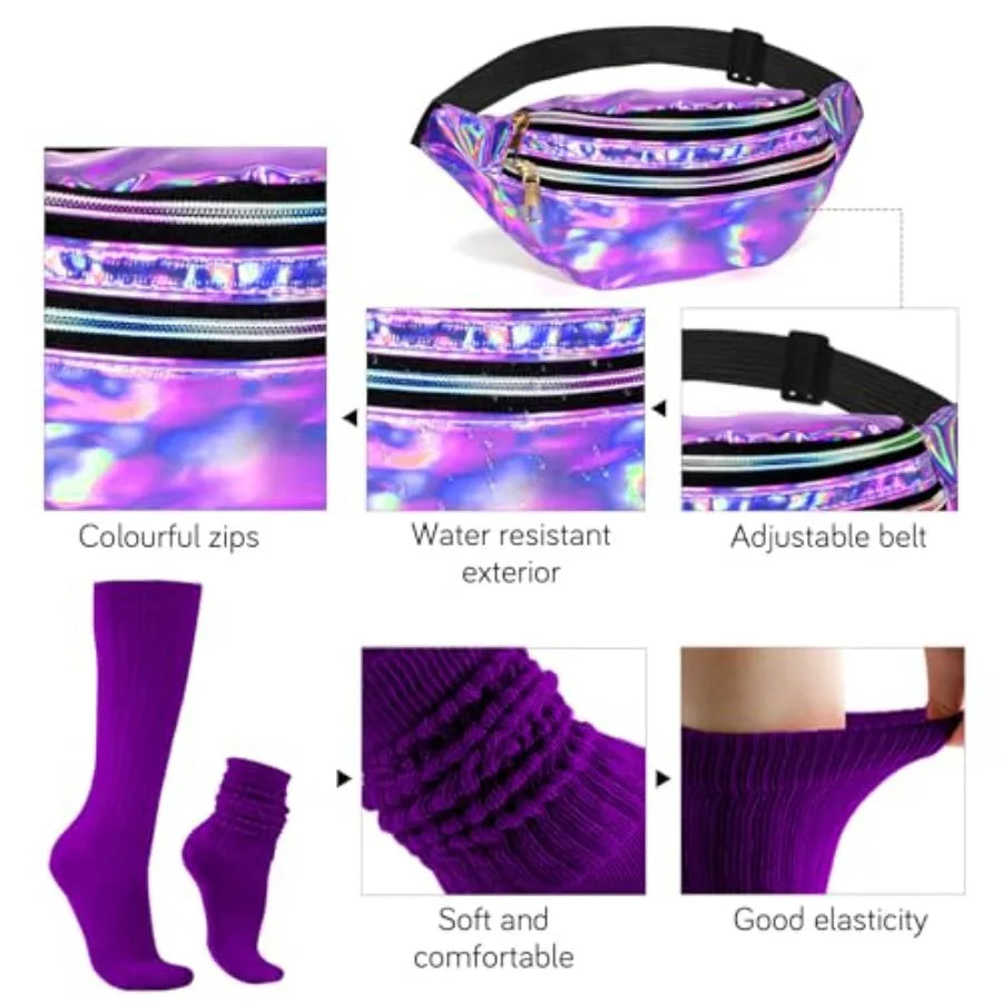 Holographic Fanny Packs for Women Men Cross Body Slouch Socks Belt Bag Scrunch Socks 80s 90s Accessories