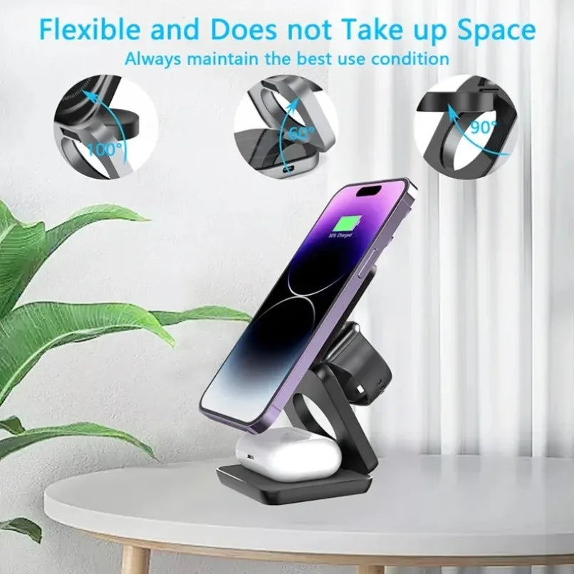 3 in 1 Foldable Magnetic Wireless Charger Stand for MagSafe Compatible iPhone 17 16 15 Apple Watch AirPods Pro 2 Strong 
