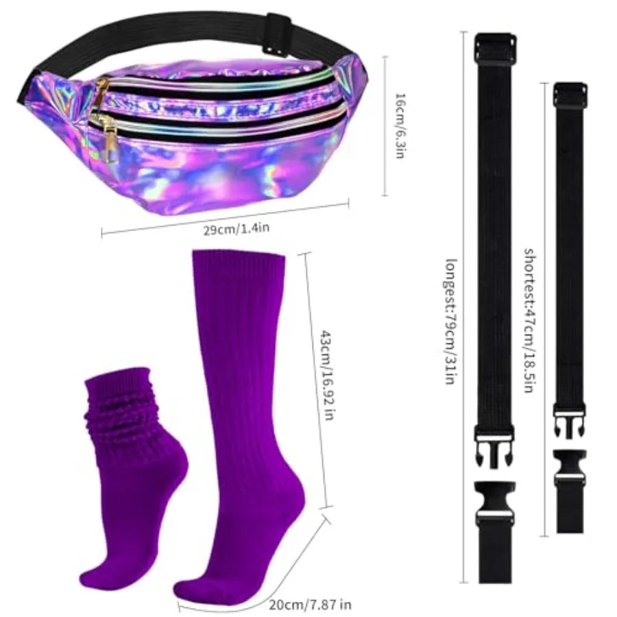 Holographic Fanny Packs for Women Men Cross Body Slouch Socks Belt Bag Scrunch Socks 80s 90s Accessories