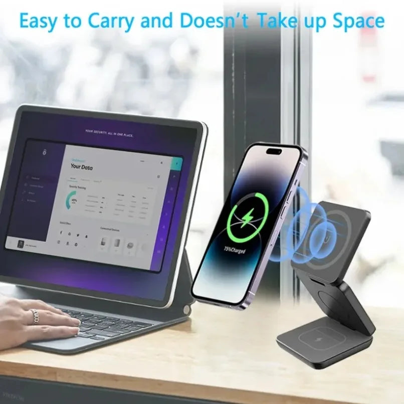 3 in 1 Foldable Magnetic Wireless Charger Stand for MagSafe Compatible iPhone 17 16 15 Apple Watch AirPods Pro 2 Strong 