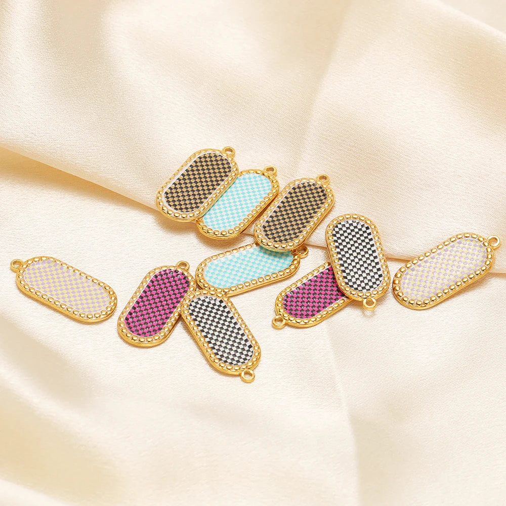 4pcs Stainless Steel Gold Oval Plaid Charms Pendant for DIY Women Necklace Jewelry Findings Bracelets Earrings Making Su
