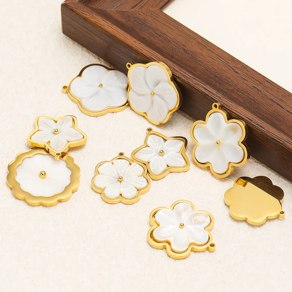 3pcs Stainless Steel Flowers Flat White Shell Charms for DIY Women Jewelry Necklace Findings Earrings Pendant Making Sup