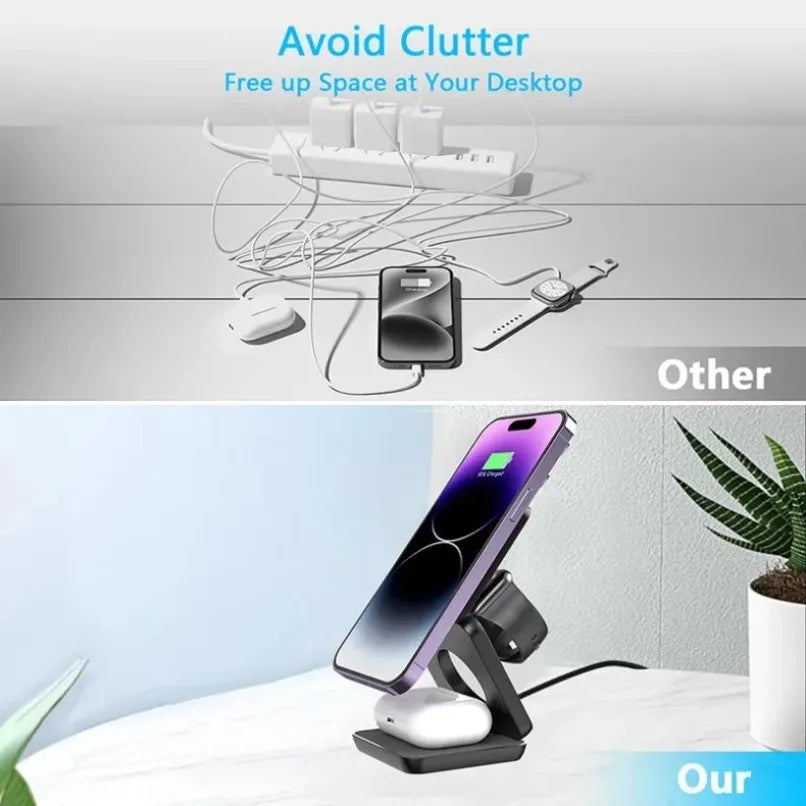 3 in 1 Foldable Magnetic Wireless Charger Stand for MagSafe Compatible iPhone 17 16 15 Apple Watch AirPods Pro 2 Strong 