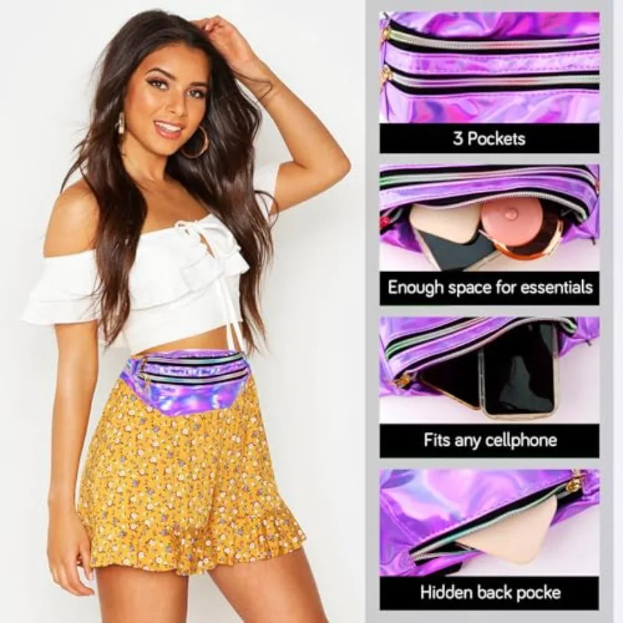 Holographic Fanny Packs for Women Men Cross Body Slouch Socks Belt Bag Scrunch Socks 80s 90s Accessories
