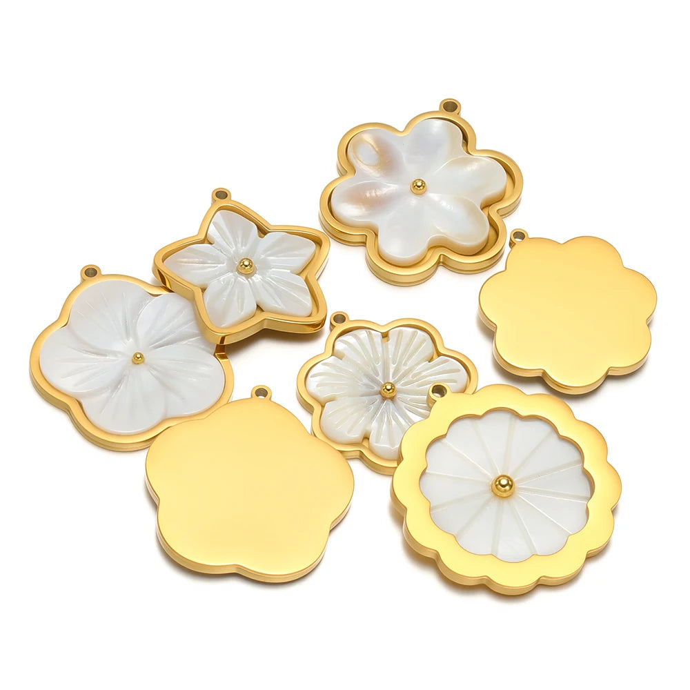 3pcs Stainless Steel Flowers Flat White Shell Charms for DIY Women Jewelry Necklace Findings Earrings Pendant Making Sup