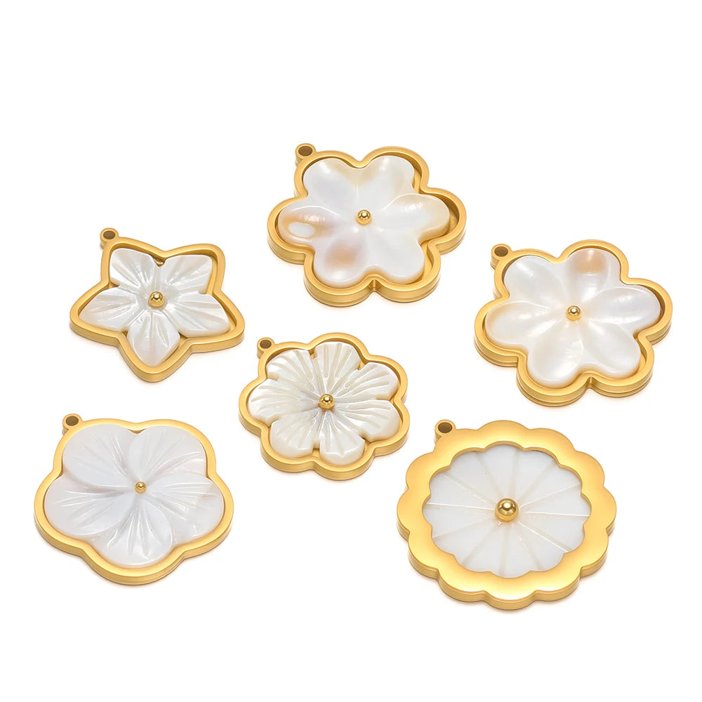 3pcs Stainless Steel Flowers Flat White Shell Charms for DIY Women Jewelry Necklace Findings Earrings Pendant Making Sup