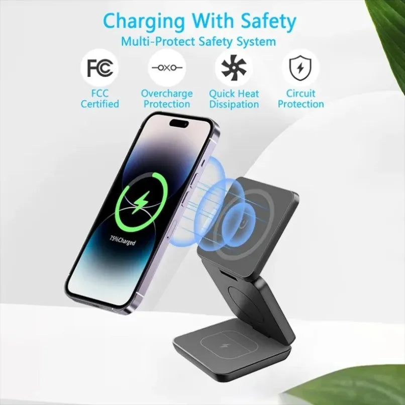 3 in 1 Foldable Magnetic Wireless Charger Stand for MagSafe Compatible iPhone 17 16 15 Apple Watch AirPods Pro 2 Strong 
