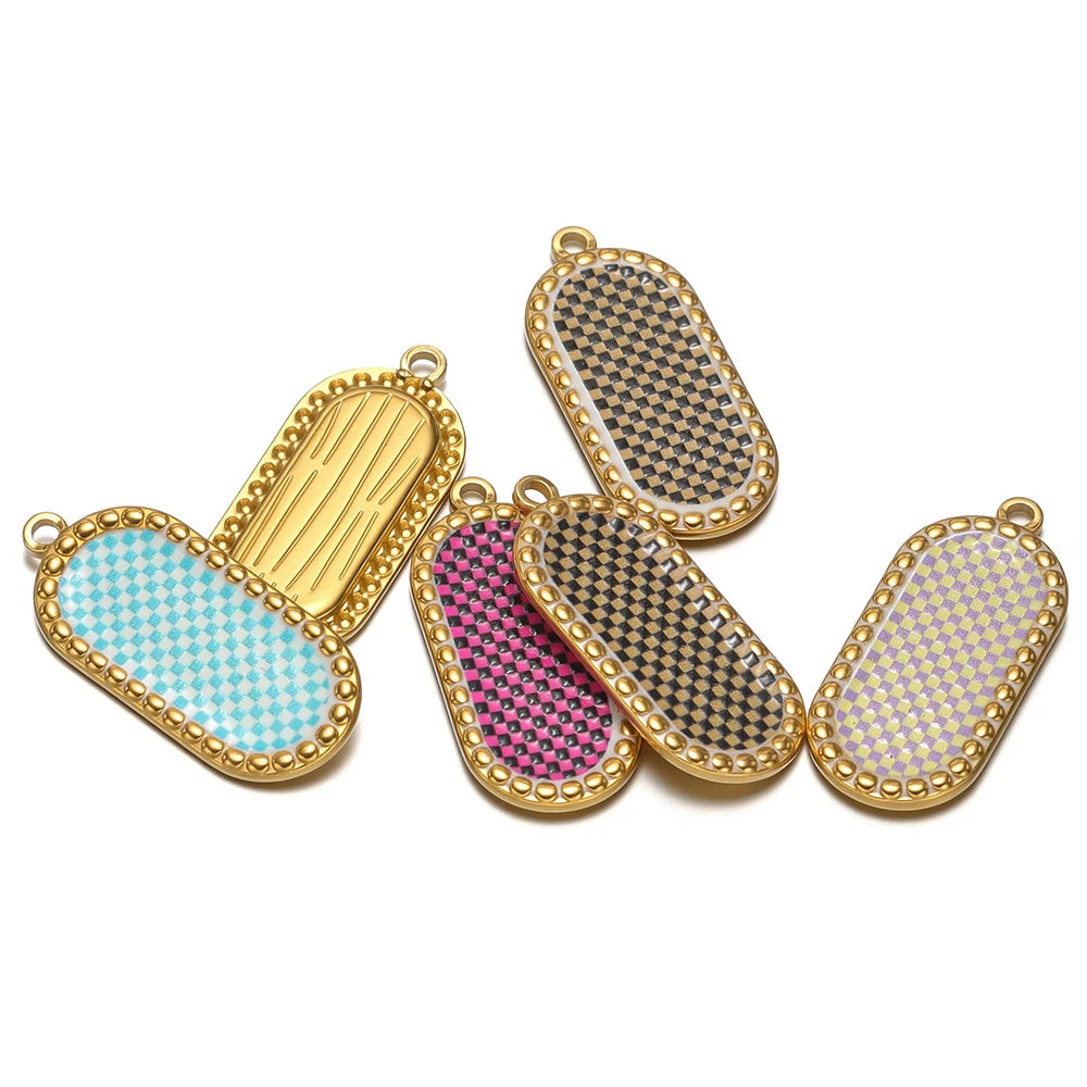 4pcs Stainless Steel Gold Oval Plaid Charms Pendant for DIY Women Necklace Jewelry Findings Bracelets Earrings Making Su