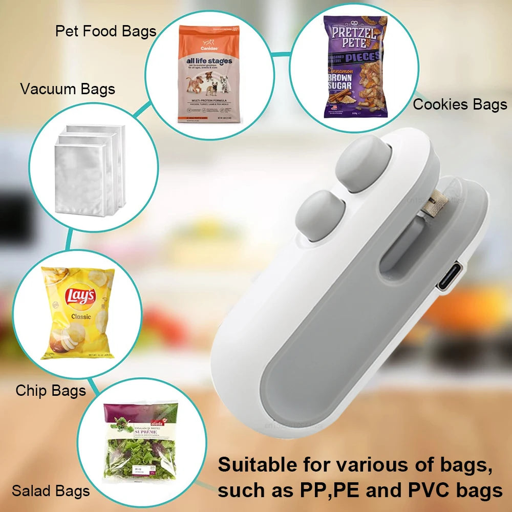Mini Sealing Machine 2IN1 Heat Sealer Storage Bag Package Plastic Food Sealer USB Rechargable Clip Bag Handheld Food Hea