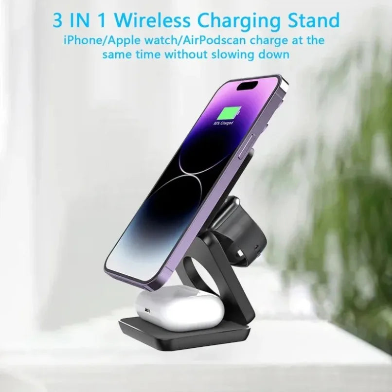3 in 1 Foldable Magnetic Wireless Charger Stand for MagSafe Compatible iPhone 17 16 15 Apple Watch AirPods Pro 2 Strong 