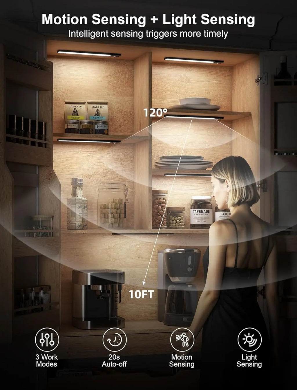 Motion Sensor Night Light USB Rechargeable Wireless Lamp Under Cabinet Led Lights for Kitchen Cabinet Bedroom Wardrobe L